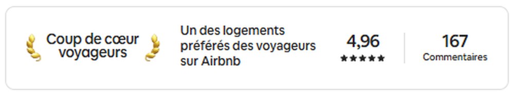 Bandeau Airbnb du second logement : Coup de coeur voyageurs, note 4,96, 167 commentaires